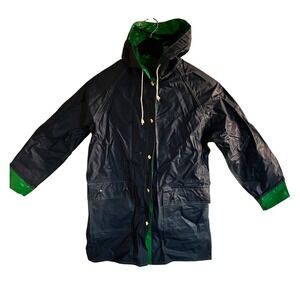Vintage Reversible Vinyl Raincoat Hooded Jacket Navy Blue Green Size S